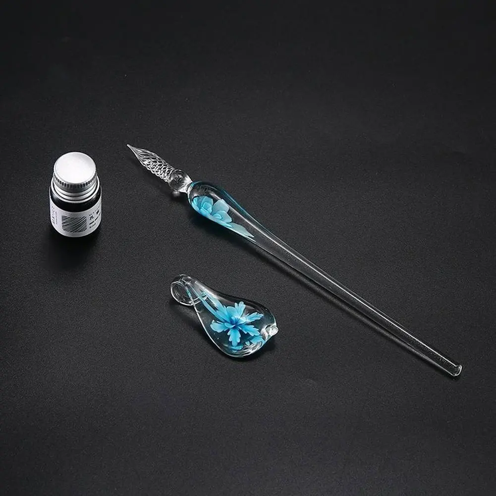 Glass Dip Pen Faux Crystal Ink Signature Inside Flower for Writing Art Decor Gift