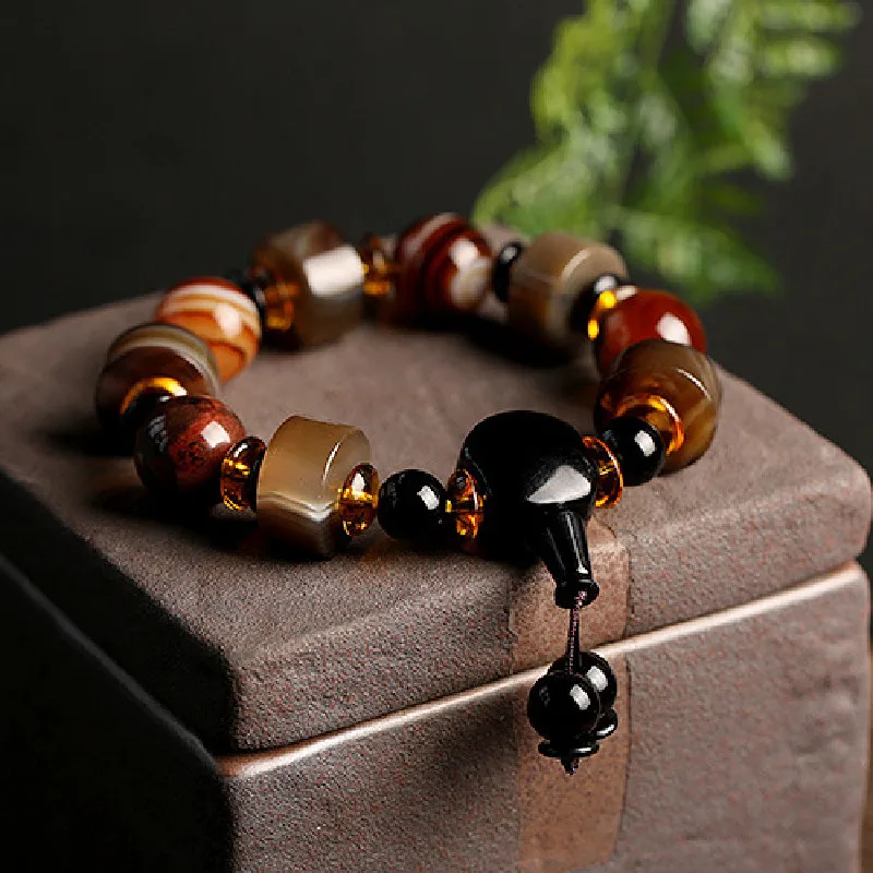 

Natural Silk-Wrapped Old Agate Bracelet Domineering Single Circle Men's Abacus Bead Bracelet Ethnic Style Gift Jewelry