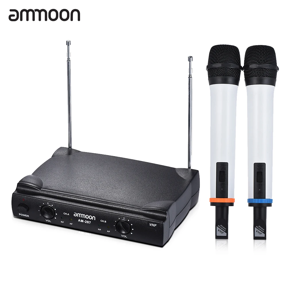 

ammoon Dual Channel VHF Wireless Handheld Microphone System 2 Mics 1 Receiver 6.35mm Audio Cable for Karaoke Family Party