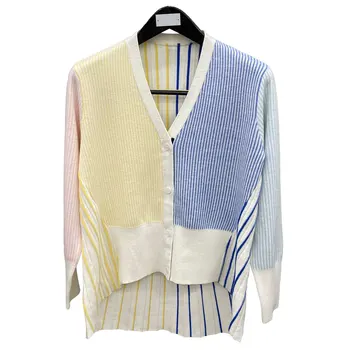 

2020 New Original Spring and Autumn British Style Knitting Color Matching Vertical Stripes V-neck Cardigan Sweater Women