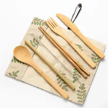 Деревянный набор столовых приборов с тканевой сумкой бамбуковая соломка ножи вилка ложка палочки для еды набор инструмент для путешествий столовые наборы