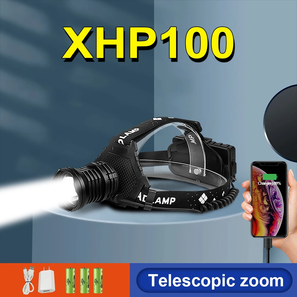 Новый светодиодный налобный фонарь XHP100 самый мощный перезаряжаемый 18650 с зумом