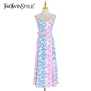 

TWOTWINSTYLE Elegant Print Women Dress V Neck Spaghetti Strap High Waist With Sashes Ruched Hit Color Dresses Female Fashion New