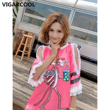 

Tide brand women's 2020 summer new cartoon sequin strapless dress lace loose mid-length short-sleeved chic T-shirt dress women