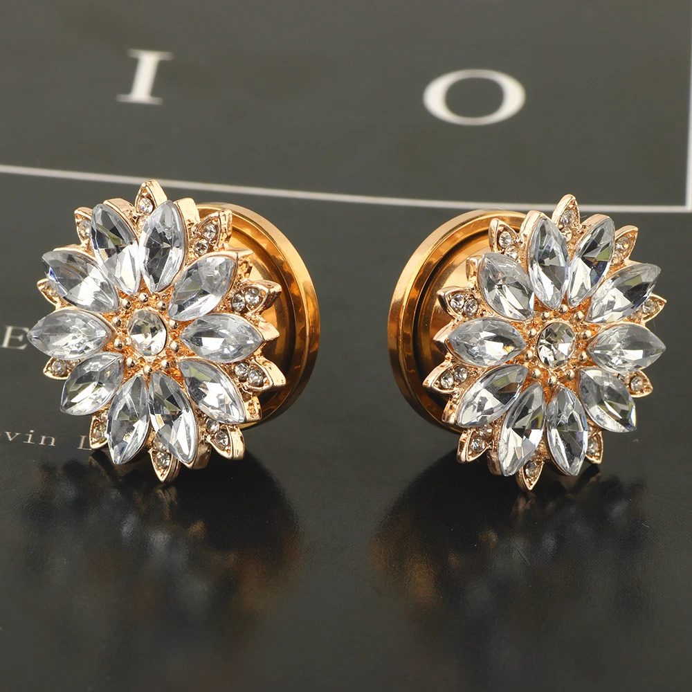 JunlowPY Surgical Steel Ear Gauges Double Flared Crystal Ear Tunnels and Plugs Earrings Stretcher Rose Gold Screw Gauges kit