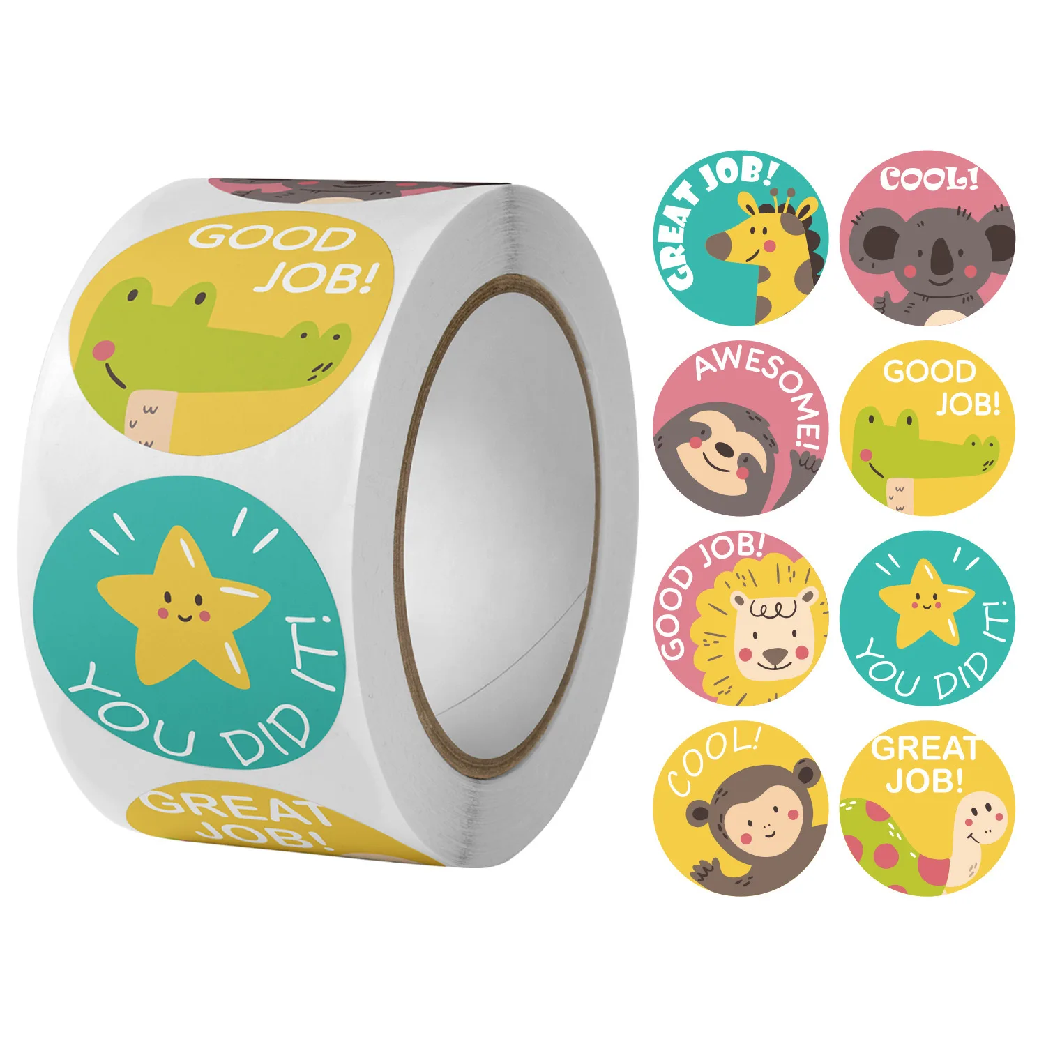 1roll Good Job Stickers 500pcs Set 1 Inch Cartoon Animal Rainbow Star  Reward Tape for Office School Decoration A7217