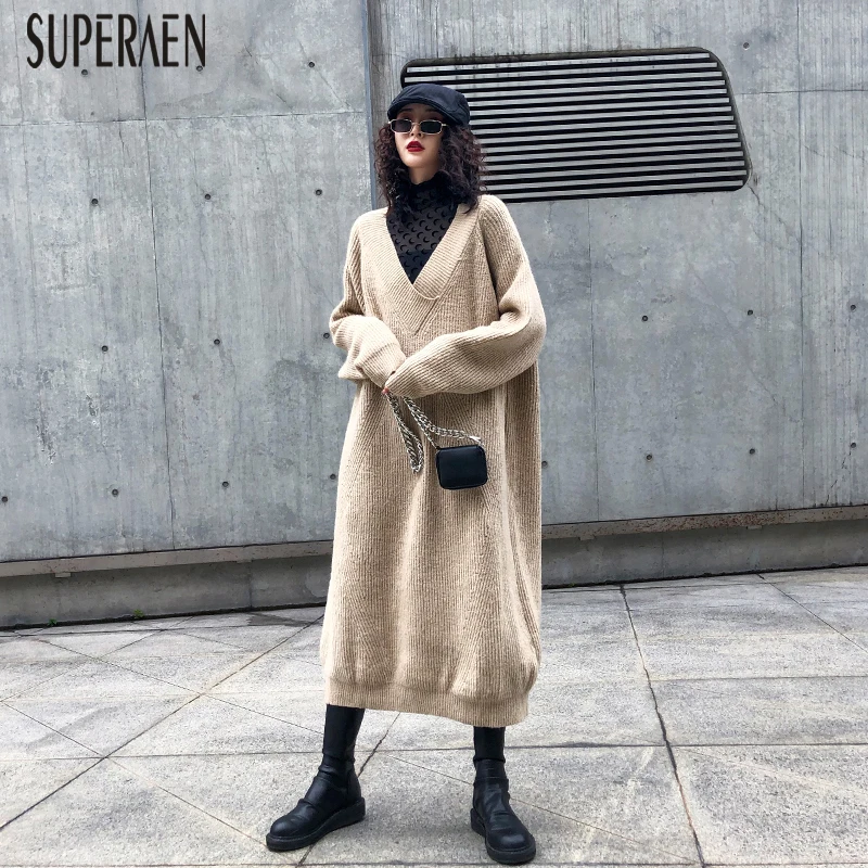 SuperAen, длинные пуловеры, свитер для женщин, новинка, осень и зима, женские свитера, большой размер, v-образный вырез, Вязанная женская одежда
