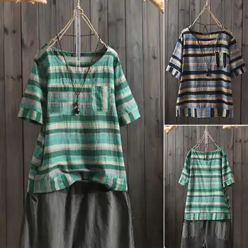 

ZANZEA Women Summer Short Sleeve Tops Striped Blouse Casual Vintage O Neck Femme Blusas Chemise Tunic Top Loose Shirt Plus Size