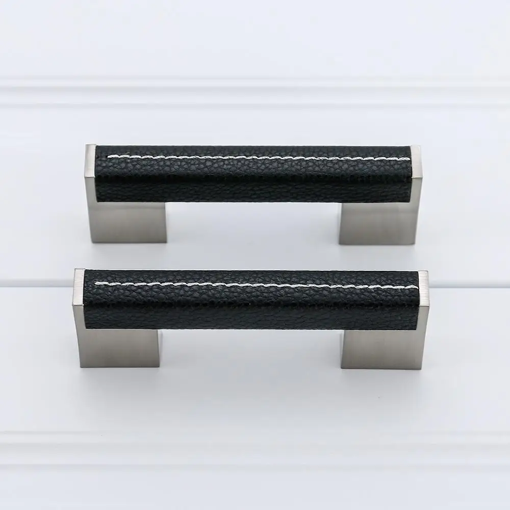 1PCS Cabinet Handles 4sizes Solid Brass Cupboard Wardrobe Pulls Black Leather Hardware Drawer Home Furniture Door Handles Decor