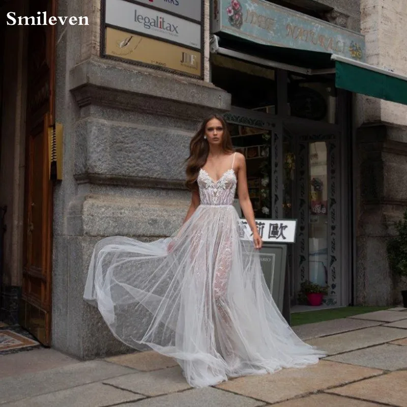 Женское свадебное платье Smileven кружевное в стиле бохо на тонких бретельках для