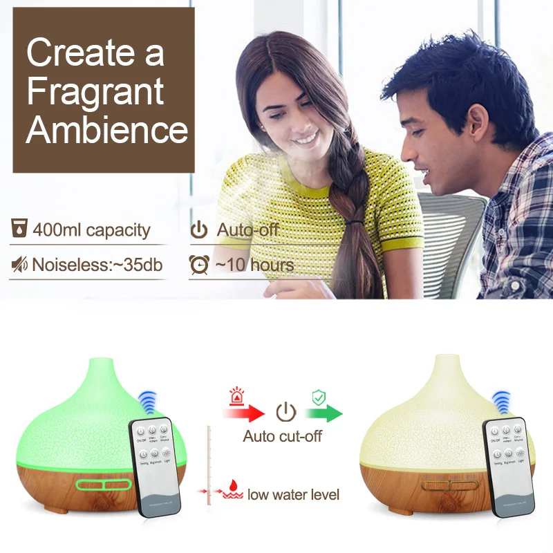 400ml Essential Oil Diffuser Ultrasonic Air Humidifier with 7 Color Changing LED Lights Cool Mist for Office Home