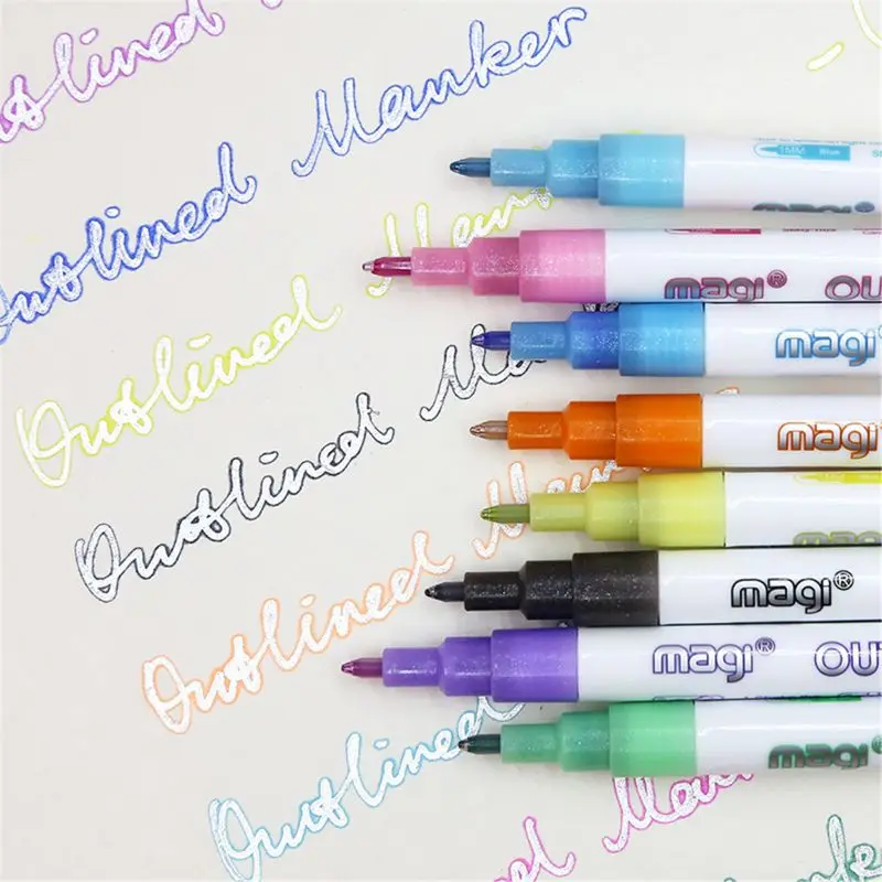 Самоконтурные Маркеры цвета "металлик", 8 шт, двойная линейка, ручка BuIIet Journal Pens& Colore