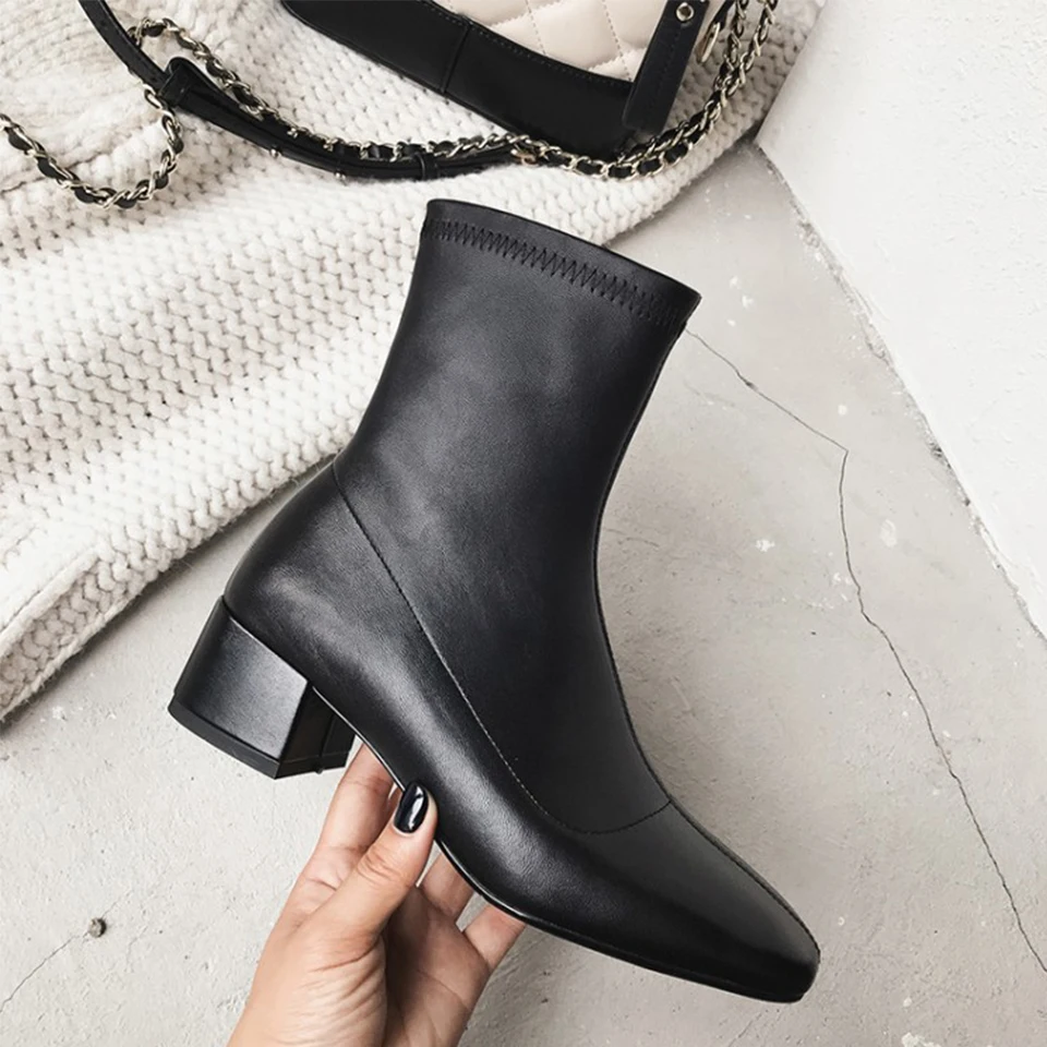 

BELLECOM 2019 Autumn and Winter New Women's Shoes Small Square Head True Leather Shoes Rough heels Chelsea Boots