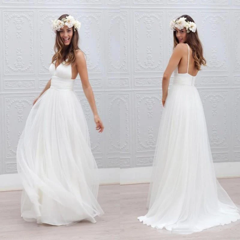 

Beach Summer Boho Wedding Dresses 2019 Backless Spaghetti Straps Cheap Floor Length Wedding Bridal Gowns Bohemian Formal Dresses