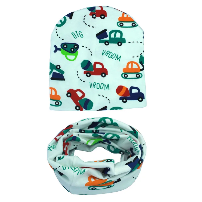

New 1Set Cotton Baby Hat Scarf Spring Cartoon Print Children's Caps Scarves Boys Girls Soft Beanie o ring Collar Child Hat Set