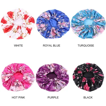 

Fashion Hair Cap For Sleeping American Popular Large Printed Satin Night Hat Elastic Wide Brim Round Turban European Bonnet