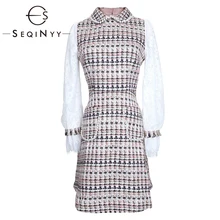 SEQINYY, осенне-зимнее платье, модный дизайн, высокое качество, белое кружевное мини-платье с длинным рукавом, украшенное бусинами, розовое клетчатое твидовое платье
