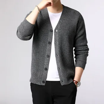 

2021 Men's Cardigan Thin for Autumn and Winter Sweater Youth Trendy Pure Color V-neck Sweater