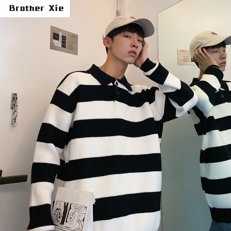 

Winter Lapel Sweater Men's Warm Fashion Contrast Color Casual Knit Sweater Man Wild Loose Striped Pullover Male Clothes