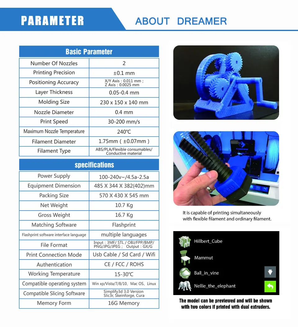 Flashforge Dreamer 3d принтер высокого качества экономичная версия двойной экструдер с 2 катушкой
