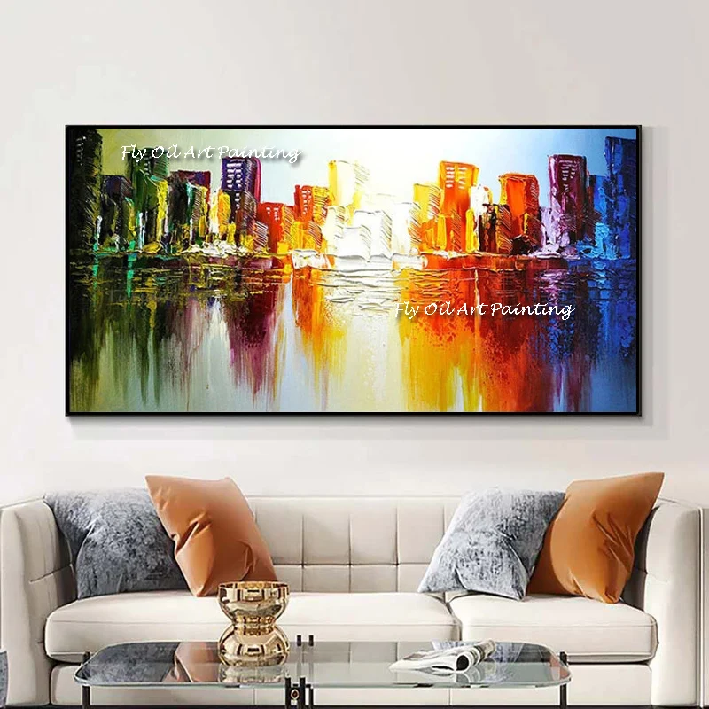Abstract Colorful Building City 100% Handmade Oil Painting Large Size ...