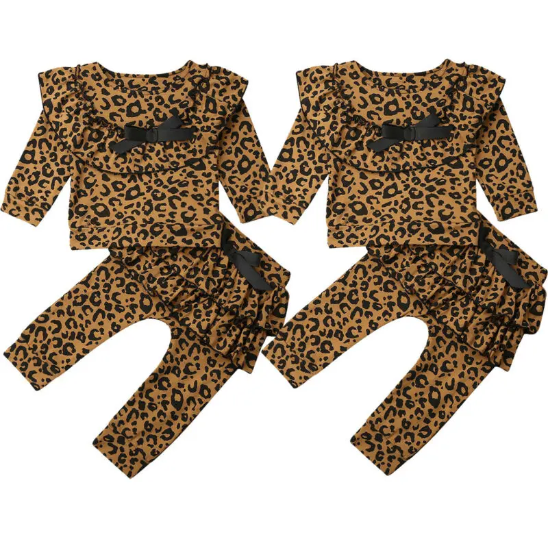 Baby Girl Leopard Bowknot Clothes Ruffle Tops Leggings Pants Outfits Set | Детская одежда и обувь