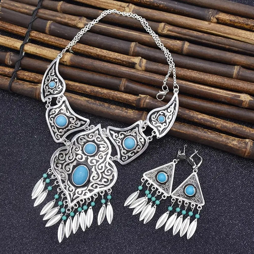 Jewelry Sets Jewelry Set Women Earrings Chain Necklace Bohemian Vintage Blue Acrylic Stone Beads Tassel Choker Necklace Earrings For Women India Gypsy Boho African Ethnic Jewelry Set