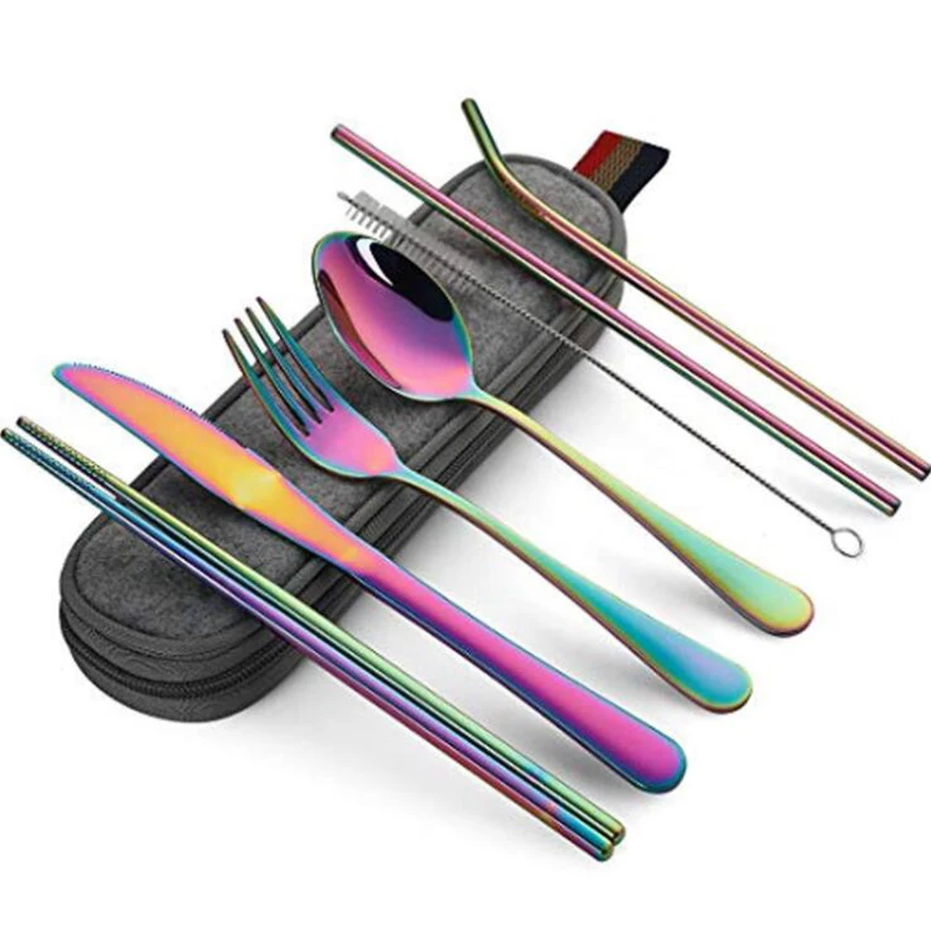 

8 Pcs/Set Dinnerware Set Reusable Travel Cutlery Set Silverware With Metal Straw Spoon Fork Chopsticks Portable Case Tableware