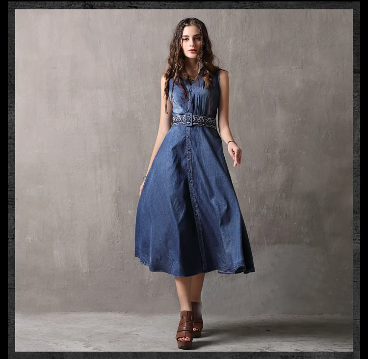 Vintage Summer Tank Dress 2019 Slim Waist Women Dresse Denim Vestidos V-Neck A-Line Sleeveless Belted Sundresses K82093 (10)