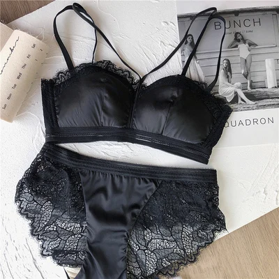 women lace sexy bra set intimates hollow out half cup lingerie thin cotton cup temptation panty briefs silk wire free underwear - Цвет: Черный