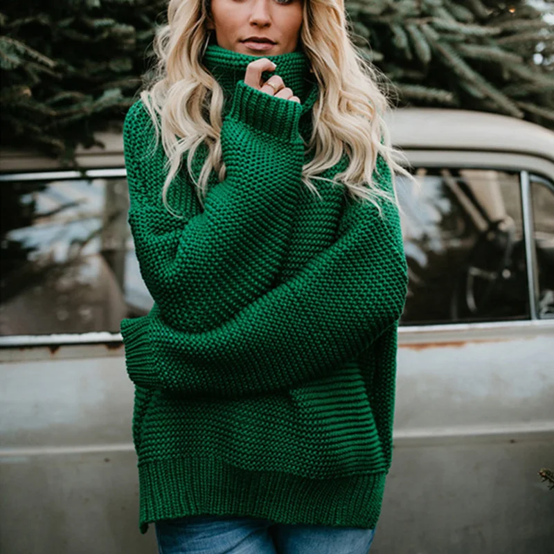

Sweater Women Warm Knitted Cashmere High Collar Long Sleeve Pullover Winter Clothes Thick Jumper Green Sweaters Mujer 2019 New