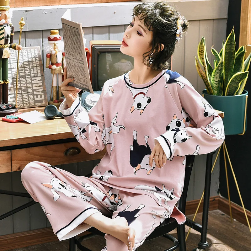 Women Pajamas Set Spring Autumn New Thin Cartoon Printed Long Sleeve Dog Cute Sleepwear Casual Homewear Female Pyjamas Korean