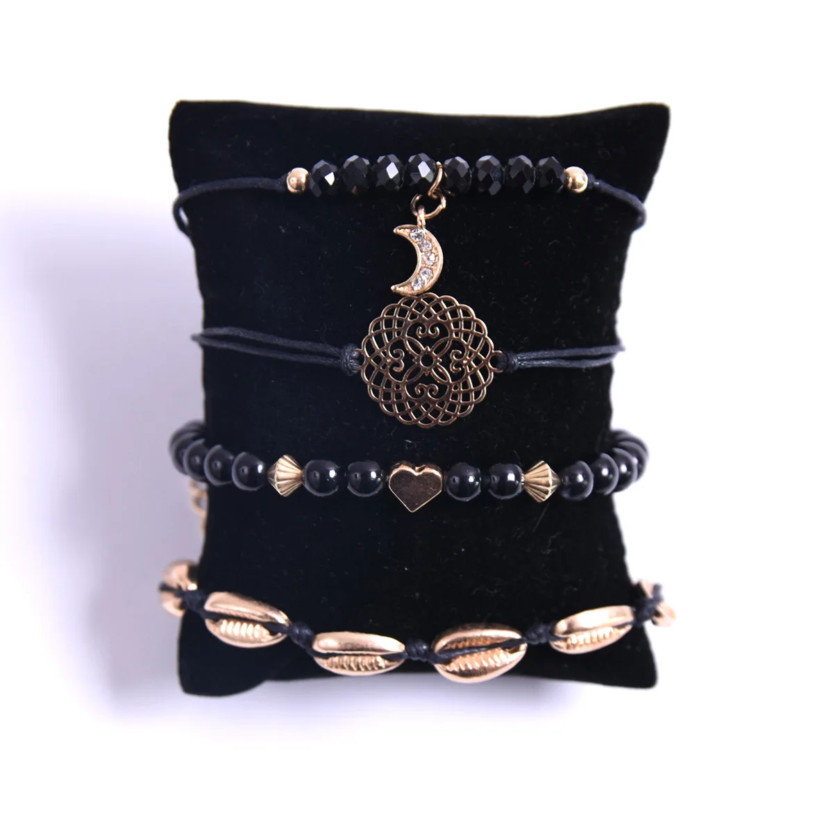HWASY1804 ювелирные изделия из сплава Плетеный корпус черный полый резной ручной орнамент любовь полумесяц цинковый сплав и бусины браслет