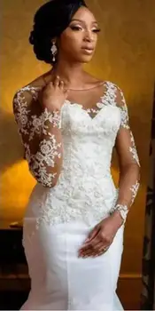 

2020 African Sheer Lace Wedding Dress Sexy Backless Sweep Train Bridal Gowns Vestido De Novia Long Sleeve Wedding Dresses