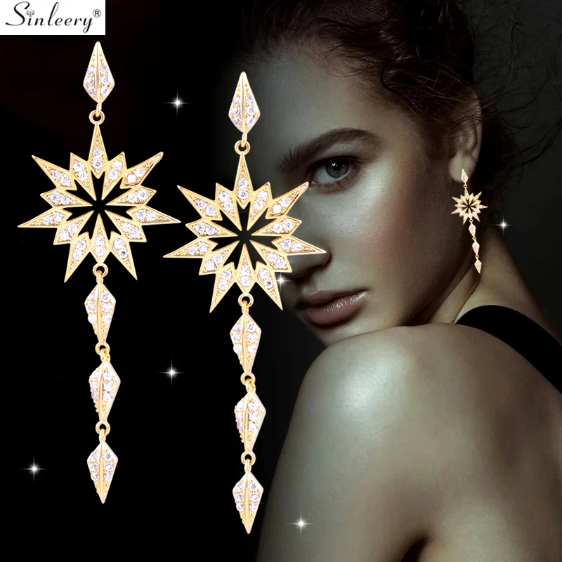 

SINLEERY Sparkling Snowflake Stars Long Drop Earrings Yellow Gold Silver Color Full Crystal Earrings For Women Jewelry ES249 SSO