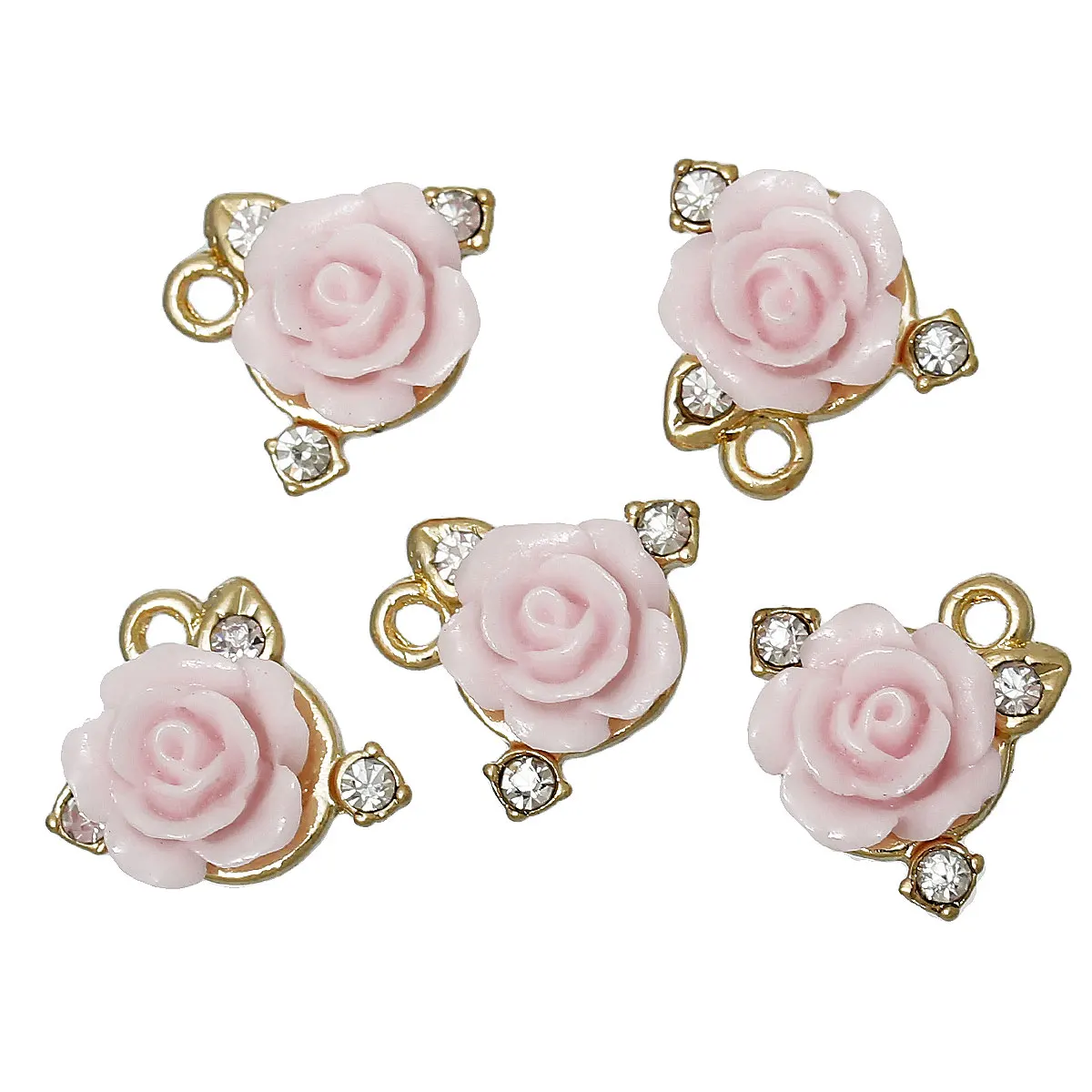 8Seasons 10PCs Zinc Metal Alloy Charms Rose Flower Gold Color Pink Resin Rhinestone DIY Making Fashion Jewelry Gifts 15mmx 13mm,