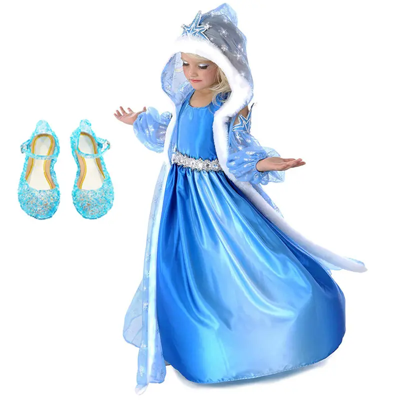 Костюм Эльзы для девочек на Хеллоуин; костюм Снежной Королевы; новогодний детский маскарадный костюм; зимнее пальто Эльзы с длинными рукавами; платье с накидкой; костюм - Цвет: P