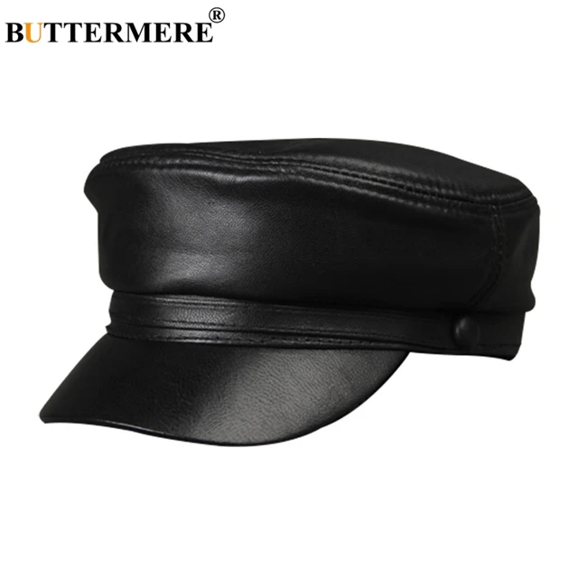 BUTTERMERE Leather Military Caps For Men Black Casual Flat Caps Army Women Genuine Leather Vintage Autumn Winter Military Hats black cap