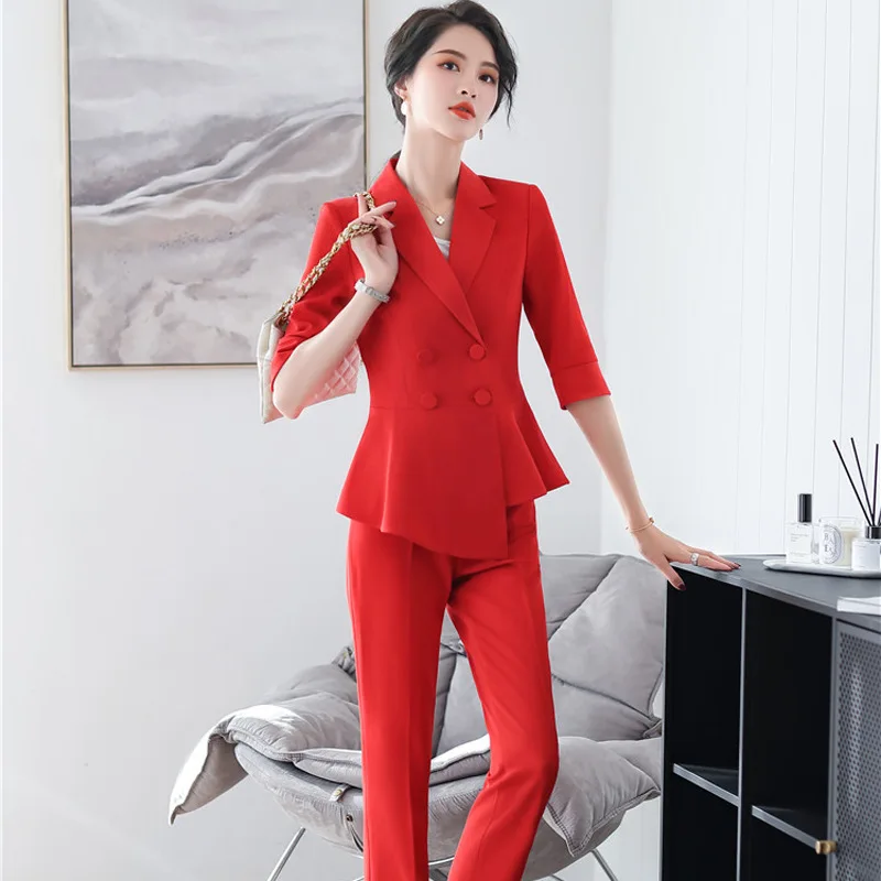 

Costume Femme Women's Wear Summer New Half Sleeve Irregular Blazer Set Business Overalls Women Pants Suits Set For Work