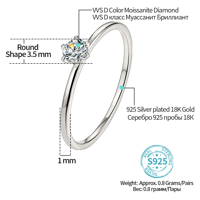 ATTAGEMS 18K White Gold Plated Moissanite Diamond Solitaire Wedding Ring for Women 0.2ct Test Past D