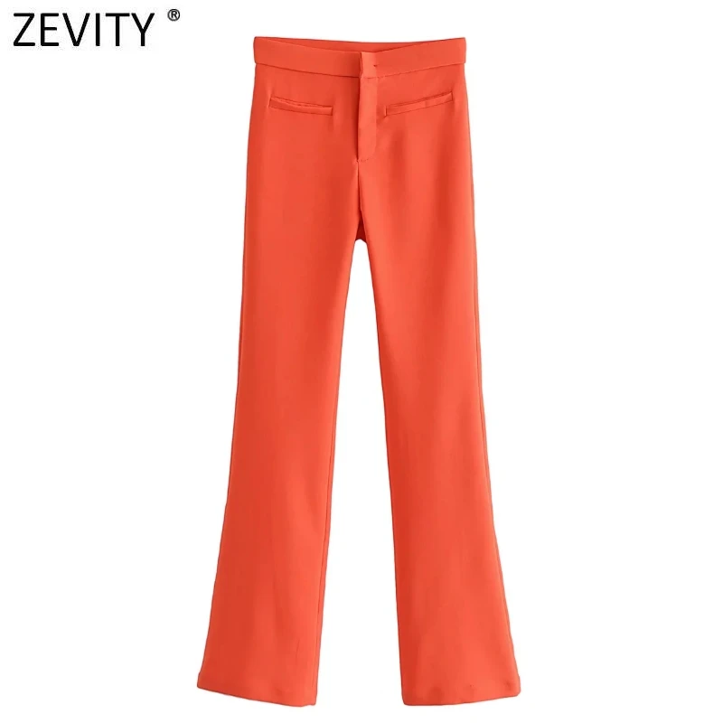 Zevity New Women Fashion Double Pocket Design Orange Flare Pants Female Zipper Fly Elastic Slim Trousers Pantalones Mujer P1273