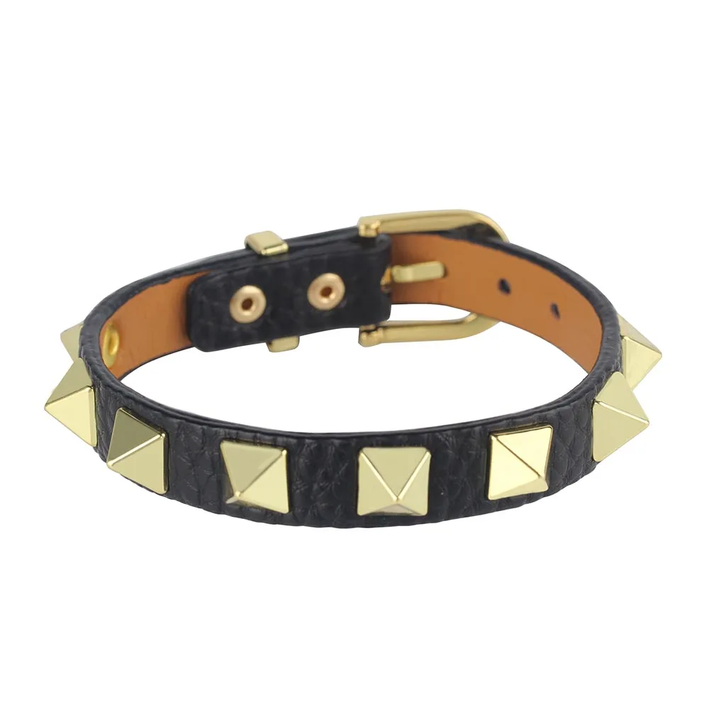 

Adjustable Rivet Punk Lychee Pattern Alloy PU Leather Belt Bracelet Bangle