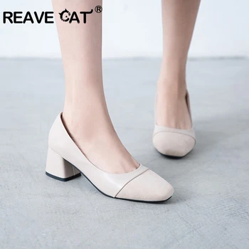 

REAVE CAT Leisure Nude Shoes for Women Square Toe Chunky High Heels Slip-on Solid Mix Colors Big Size 33-43 Black Beige