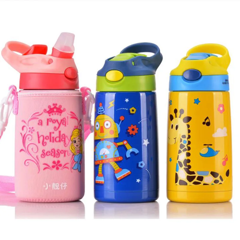 

Children Cup with Straw Insulated Stainless Steel Bottle Spacious Double Layer xiao jing zi Cartoon Students Glass