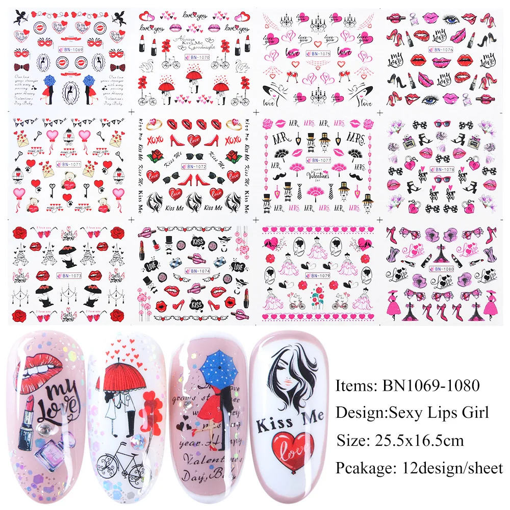 12pcs Valentines Stickers For Nails Love Heart Russian Letters Water Transfer Decals Sliders Manicure Decorations