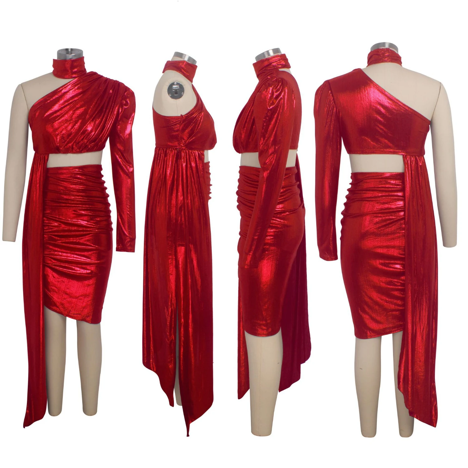 Two Piece Set Top And Skirt Women Festival Clothing Glitter One Shoulder Long Sleeve Crop Top+Sexy Skirt Set 2 Piece Club Outfit