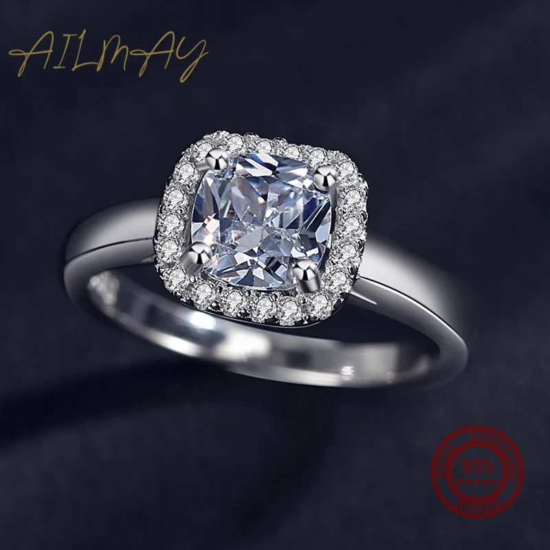Silver Rings 925 Sterling Silver Simple Square Clear CZ Charm for Women