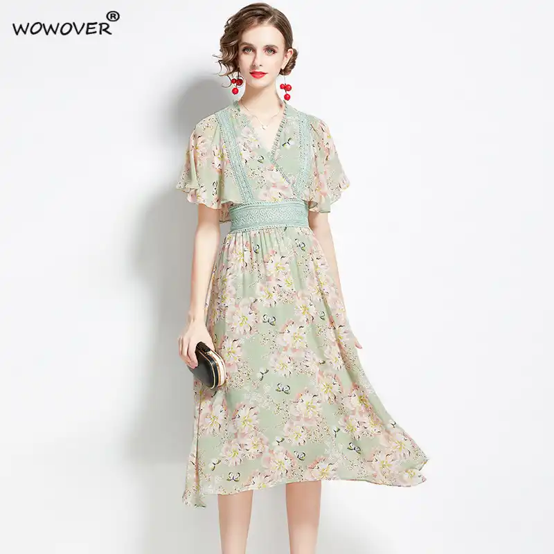 Robe De Plage Elegante En Mousseline De Soie Manches Papillon Col En V Dentelle Imprimee Patchwork Ete Femmes Stylistes Boheme Aliexpress