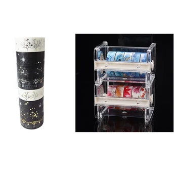 

2 Pack Transparent Visible Desktop Tape Dispenser (Not Included Masking Tape) Beige & 8 Pcs Washi Masking Tape Set (Black + Gold