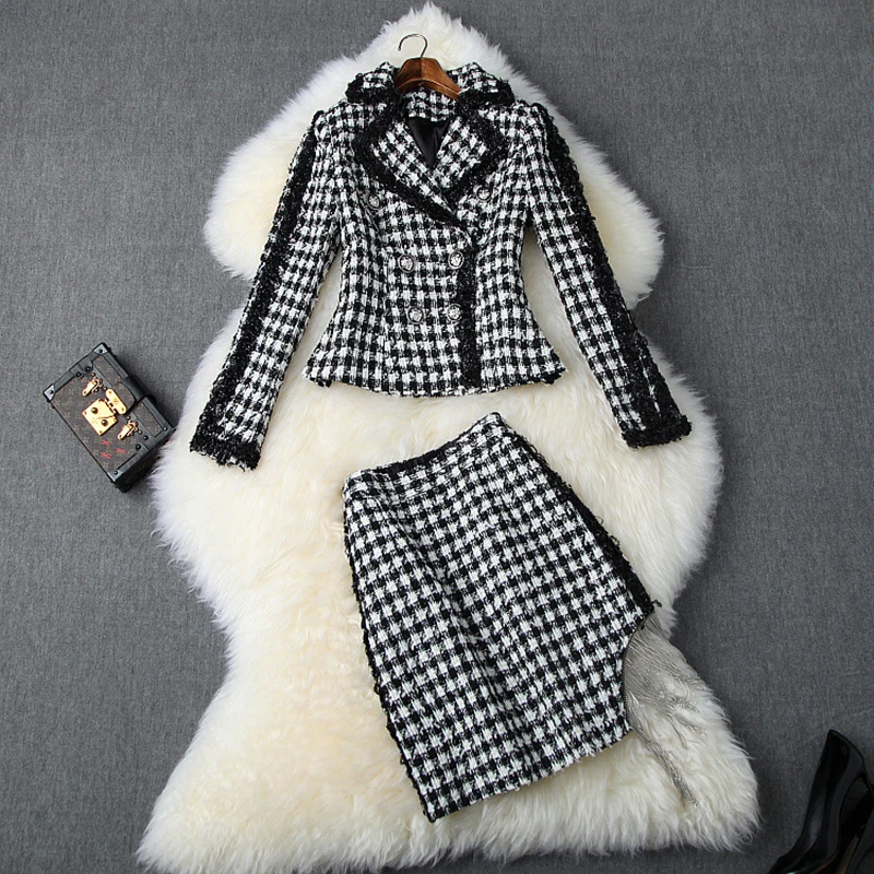 

New Stylish Fall Winter 2019 Designer Suit Set for Women Ribbon Fringe Wool Blent Tweed Jacket Skirt Suit